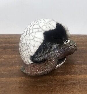 Raku Ceramic Art Pottery Baby Sea Turtle Hatchling Hatching Egg Figurine Signed